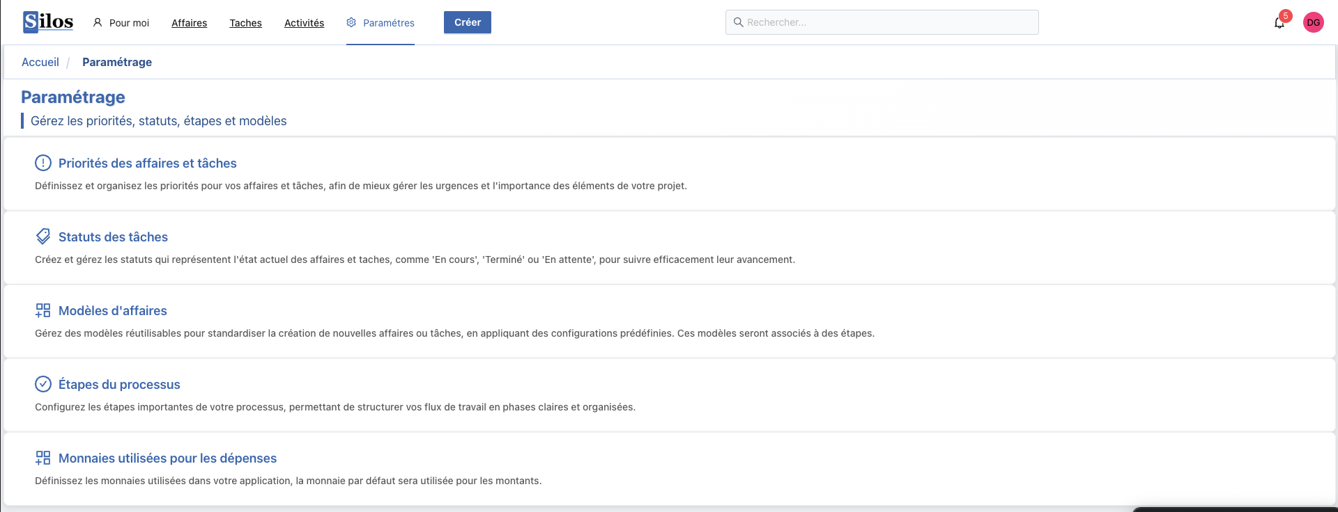 Capture d'écran de la page des paramètres