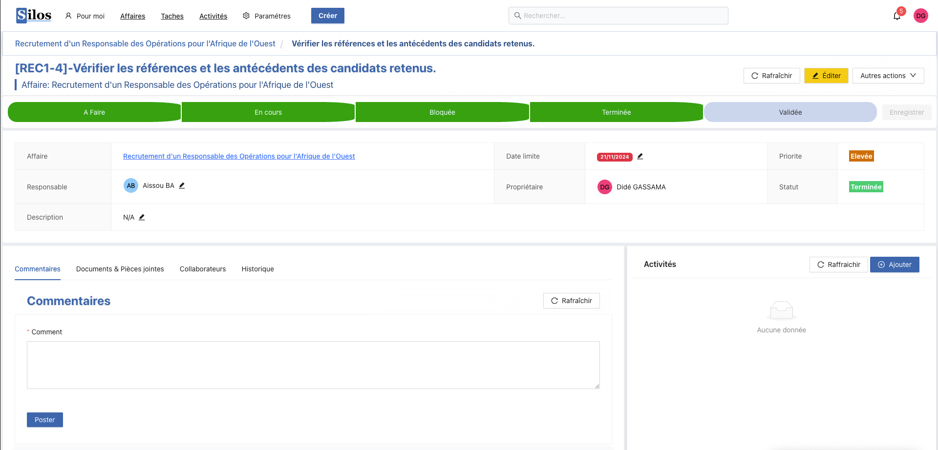 Capture d'écran des détails d'une tâche