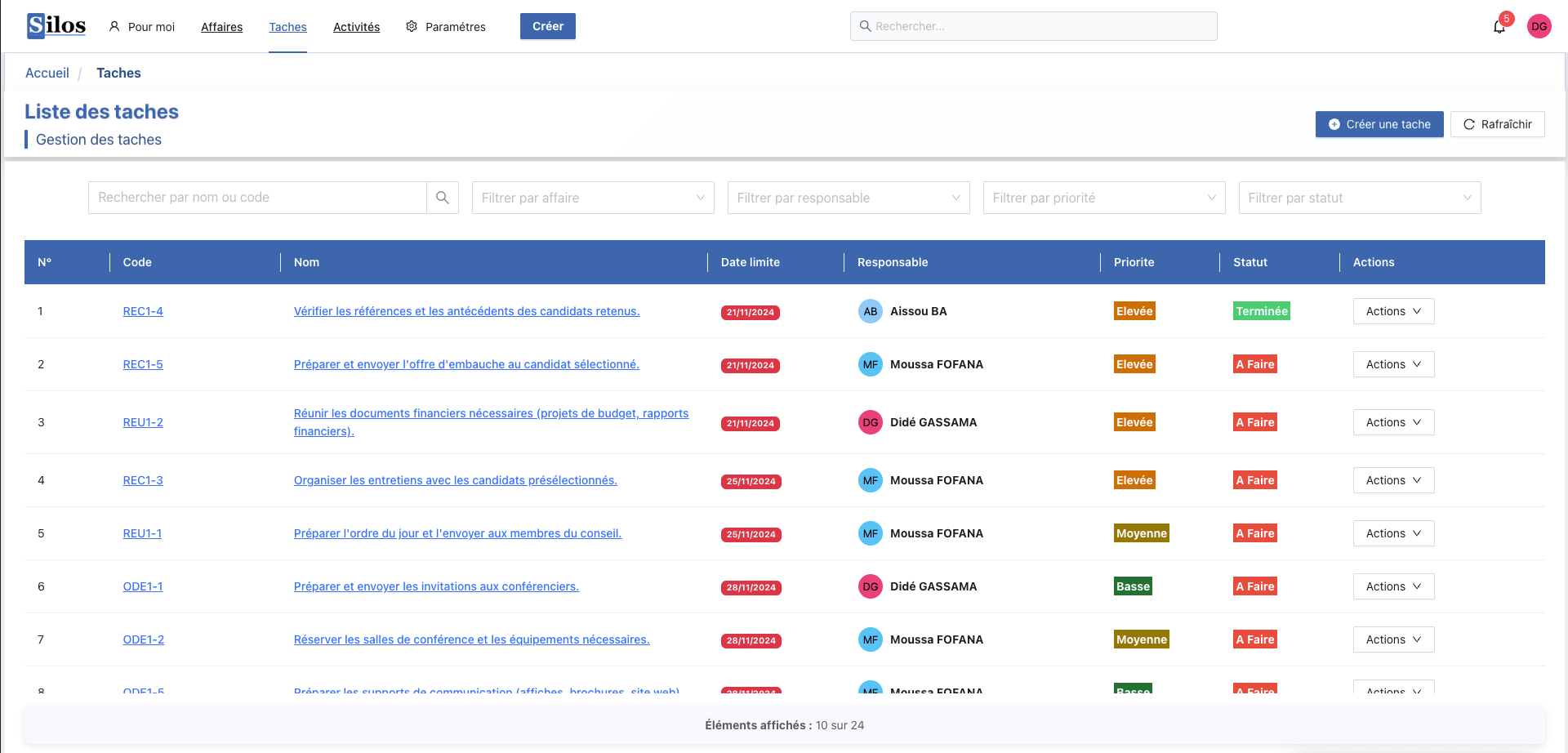 Capture d'écran de la liste des tâches